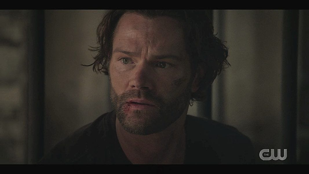 Cordell Walker beaten up Jared Padalecki looking confused.