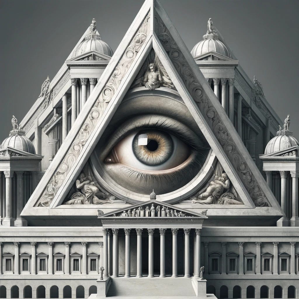 An artistic representation of an eye within a pyramid, inspired by the architectural style of the Austrian Parliament Building. The pyramid should reflect the grandeur and detailed stonework similar to the Parliament's neoclassical design, with columns and sculptural elements. The eye, central and expressive, should mimic the realism and intensity found in classical European sculptures, set against a structured and ornately decorated pyramid backdrop, using a color palette of greys and whites to echo the stone aesthetics.
