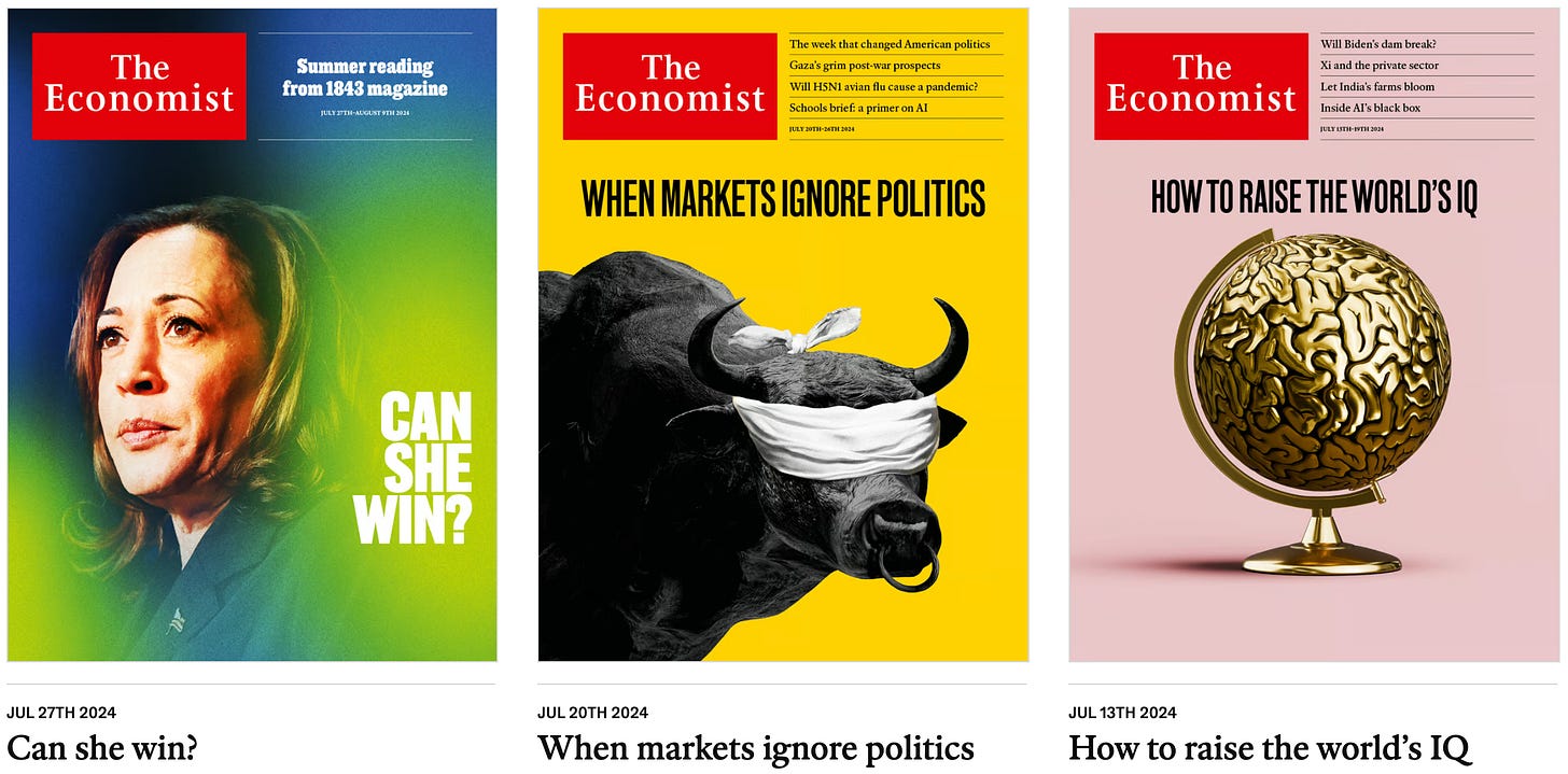 Three covers of The Economist from July 2024