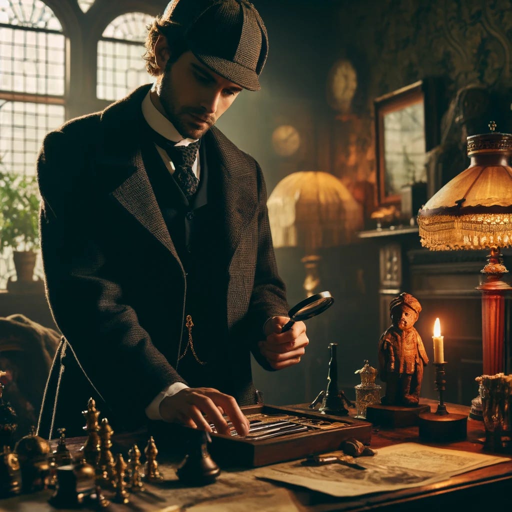 A Victorian sleuth, reminiscent of classic detective characters, solving a case in a 19th-century London setting. The scene shows a male detective in a Victorian-era room, filled with antique furniture and dim lighting. He is intently examining a set of clues on a cluttered desk with a magnifying glass. The detective is dressed in period-appropriate attire, including a long coat and a flat cap, adding to the historical authenticity of the scene. The atmosphere is mysterious and evocative of the detective genre of that era.