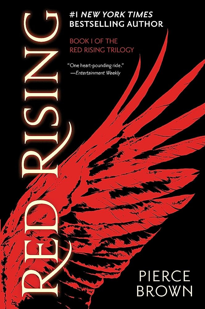 cover of the book red rising by pierce brown, featuring a feathered wing in red