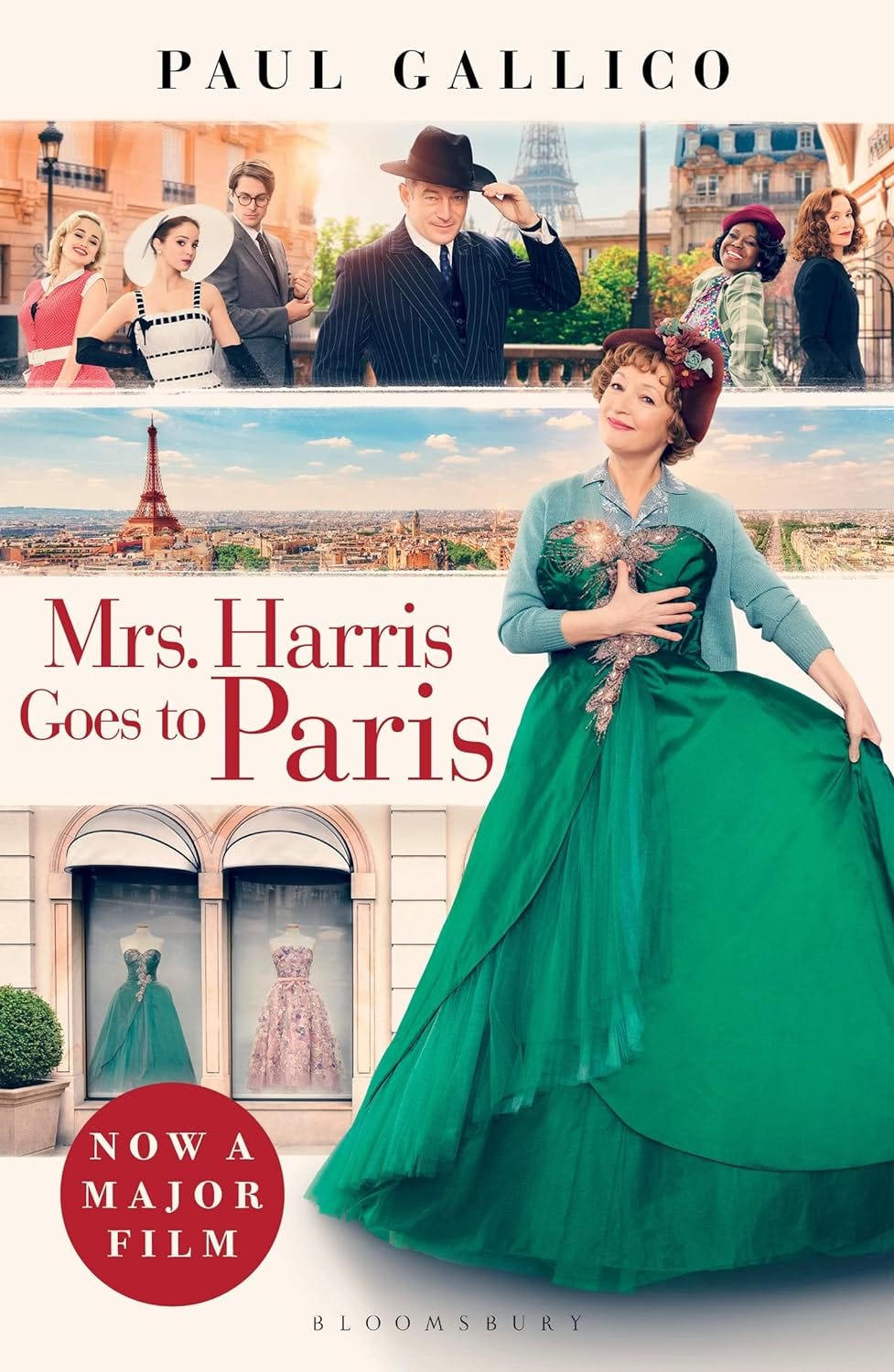 Book cover shows a confident woman holding a green evening gown against herself, and images of various characters and views of Paris behind her.