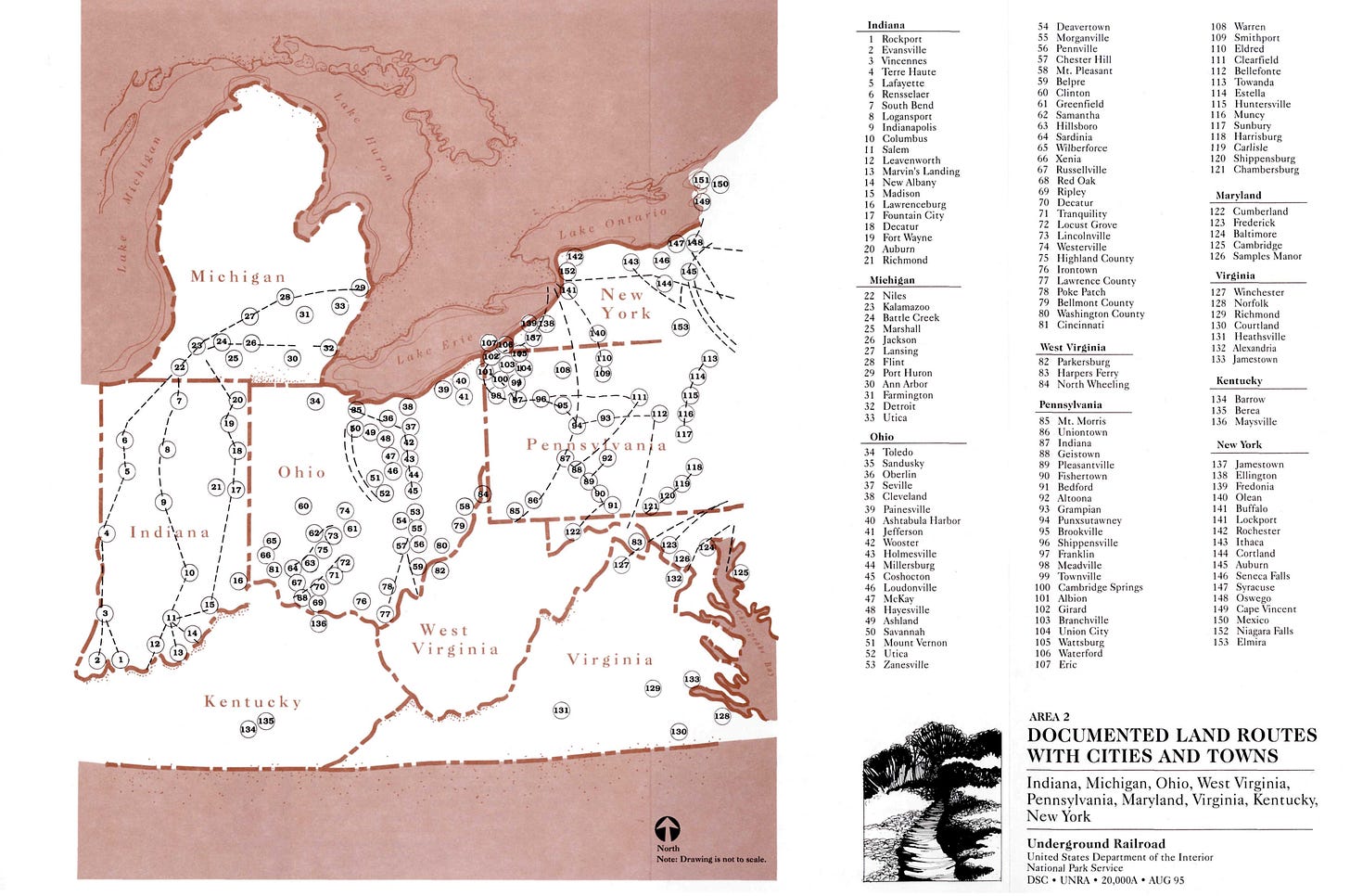Map of documented "stops" on the Underground Railroad for Indiana, Michigan, Ohio, West Virginia, Pennsylvania, Maryland, Virginia, Kentucky, New York