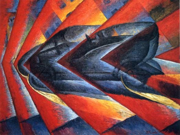 Luigi Russolo, Dinamismo di un�?automobile (1912-1913; olio su tela, 139 x 184 cm; Parigi, Centre Pompidou)
