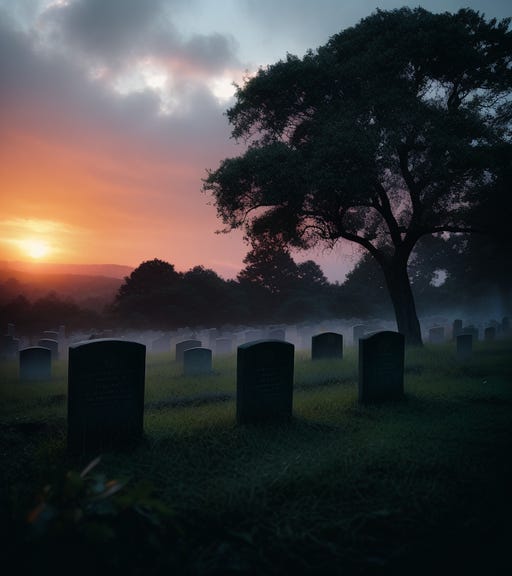 A I Generated image of a foggy graveyard at sunrise.
