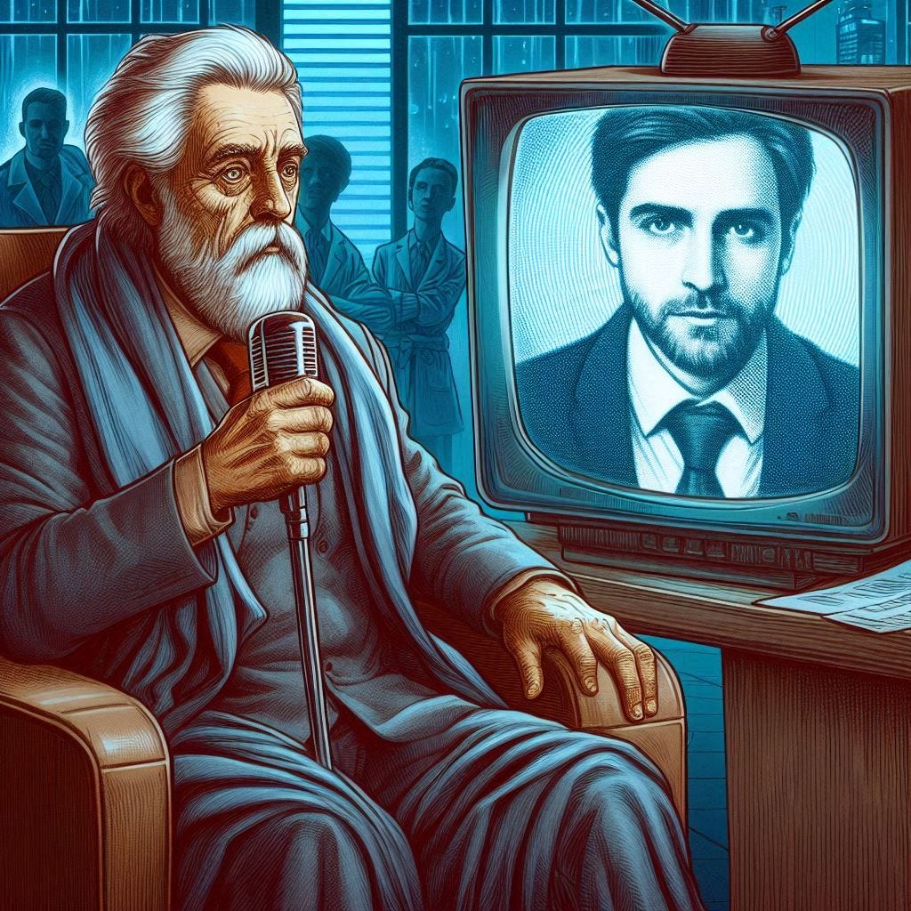 a sickly man in a suit in a tv studio with a younger, fitter version of himself in the tv monitor, sci-fi drawing
