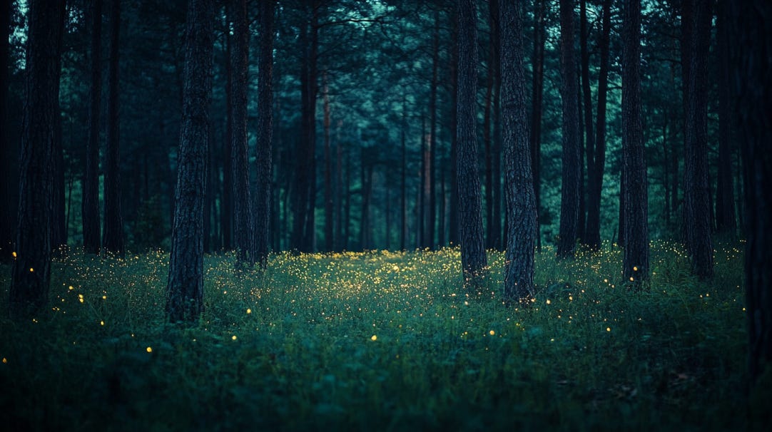 Hypnotic fireflies in the forest, documentary photography, night --ar 16:9 —v 6.1