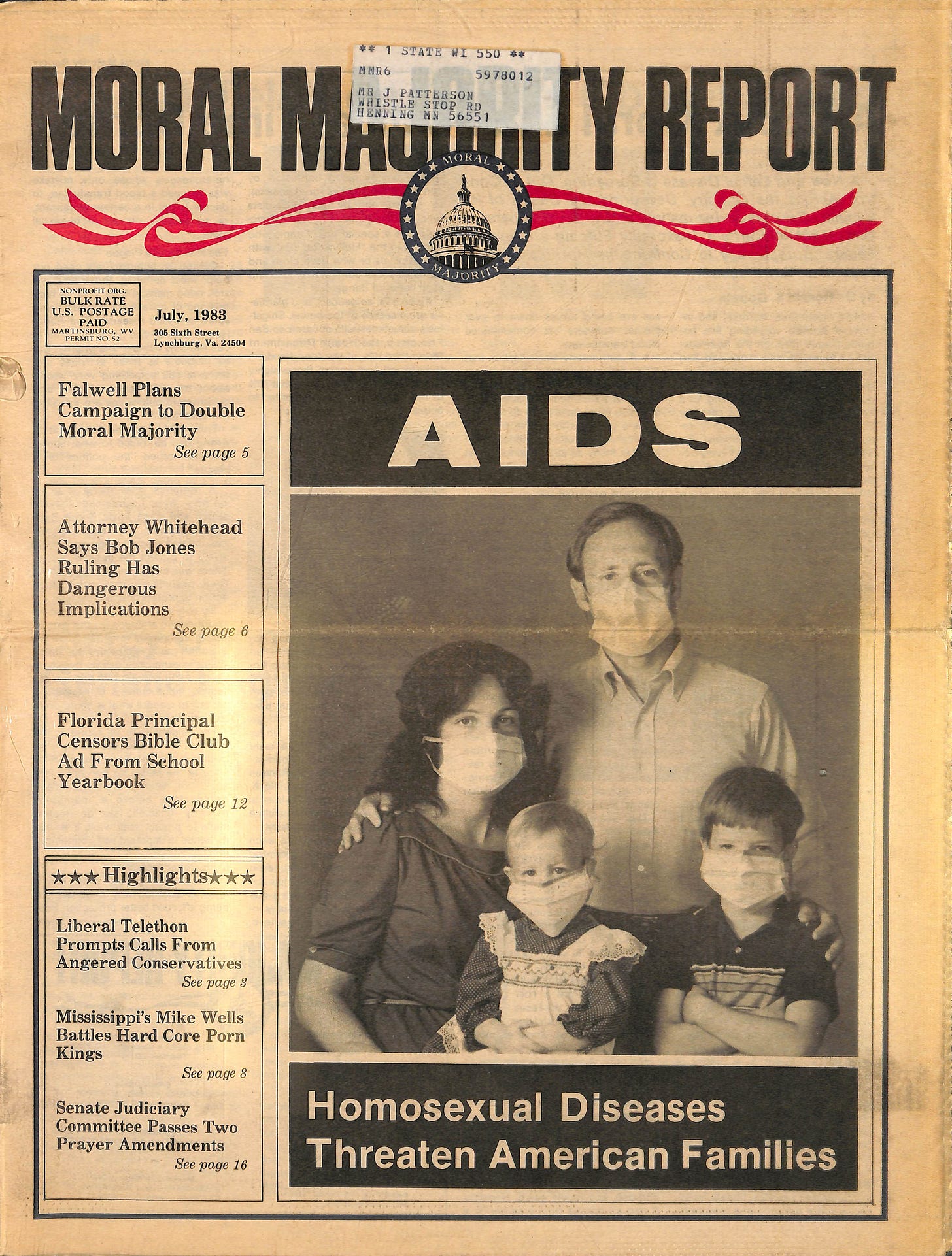 Although HIV/AIDS is not an airborne disease, in July 2983 Jerry Falwell’s Moral Majority Report used an image of a family in surgical masks to stigmatize queer people.