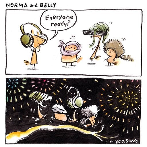 Norma, Belly, Gramps, and Little Bee are all wearing hats to cover their ears. They watch the fireworks.