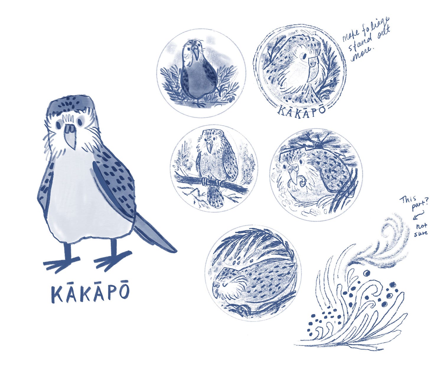 kakapo sketches and compositions for the mugs by Kayla Stark