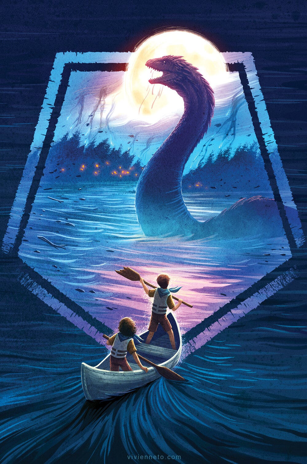 Book cover for Arlo Finch in the Lake of the Moon. A large monster lifts its head out of the water on a long neck. A full moon shines on a dense woods spotted with campfires. In the foreground, two children in scout uniforms paddle a canoe toward the creature.