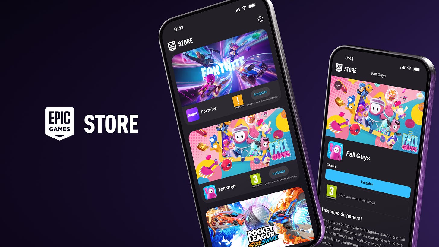 Screenshot showing two phones displaying a marketplace for Fortnite and other games