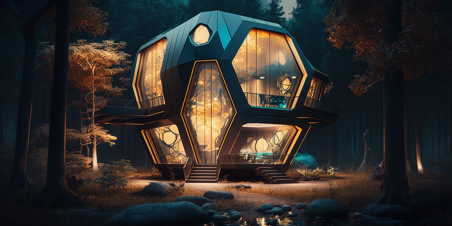 a futuristic house wonders of modern technology fluidity of architecture shining surfaces reflecting a feng shui of harmony and balance in a forest, 8K, colorful lighting, vivid, ultra details, surreal photography