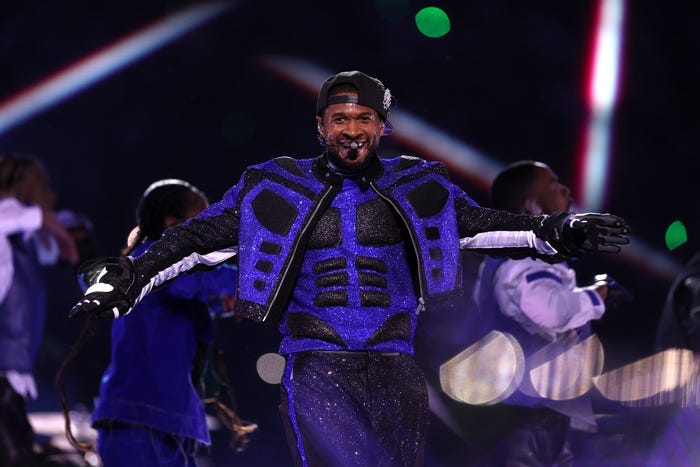 Usher performing during the 2024 Super Bowl halftime show.