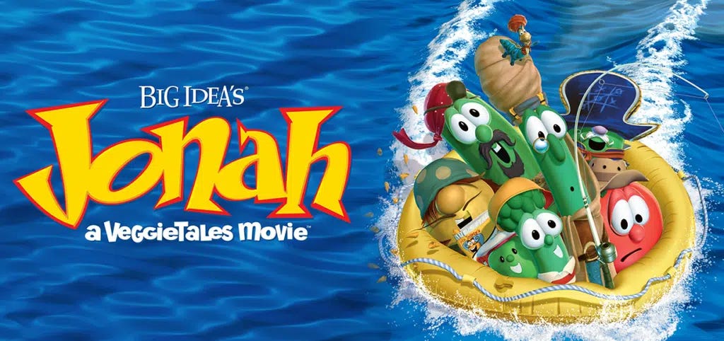 A graphic advertising Big Idea's Jonah movie from the VeggieTales series. The various VeggieTales characters are in a raft on the ocean.