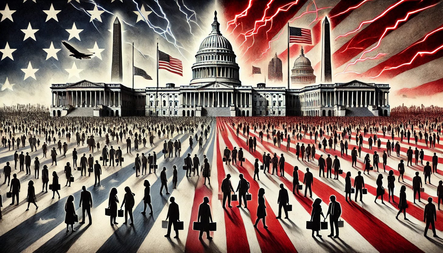 A symbolic depiction of a fractured and polarized society, showing groups of people divided by visible lines or barriers. The groups should be clearly distinct, representing different political ideologies or movements. In the background, prominent political buildings like the US Capitol in a state of disarray or conflict. The overall image evokes a sense of division, tension, and the urgent need for unity.