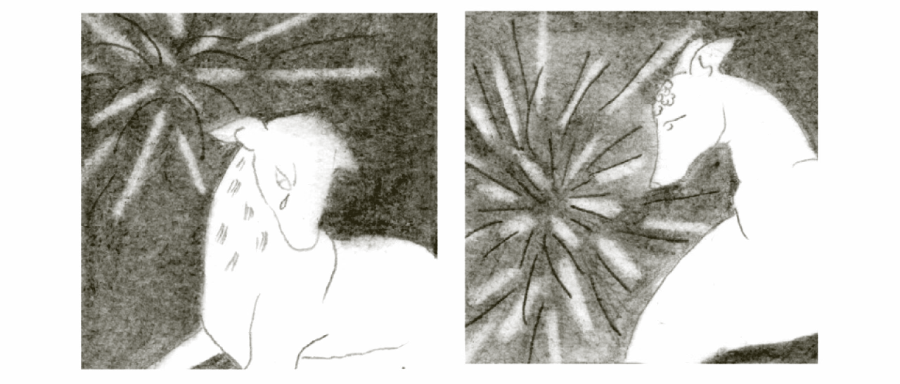 A diptych-style sketch shows two dogs gazing toward bursting fireworks. One dog has tear-like markings while the other wears a flower crown, each lost in thought against a moody sky.