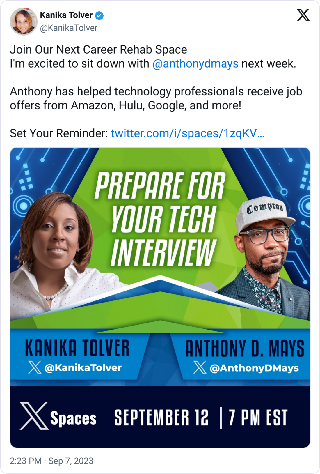Kanika Tolver @KanikaTolver Join Our Next Career Rehab Space I'm excited to sit down with  @anthonydmays  next week.   Anthony has helped technology professionals receive job offers from Amazon, Hulu, Google, and more!