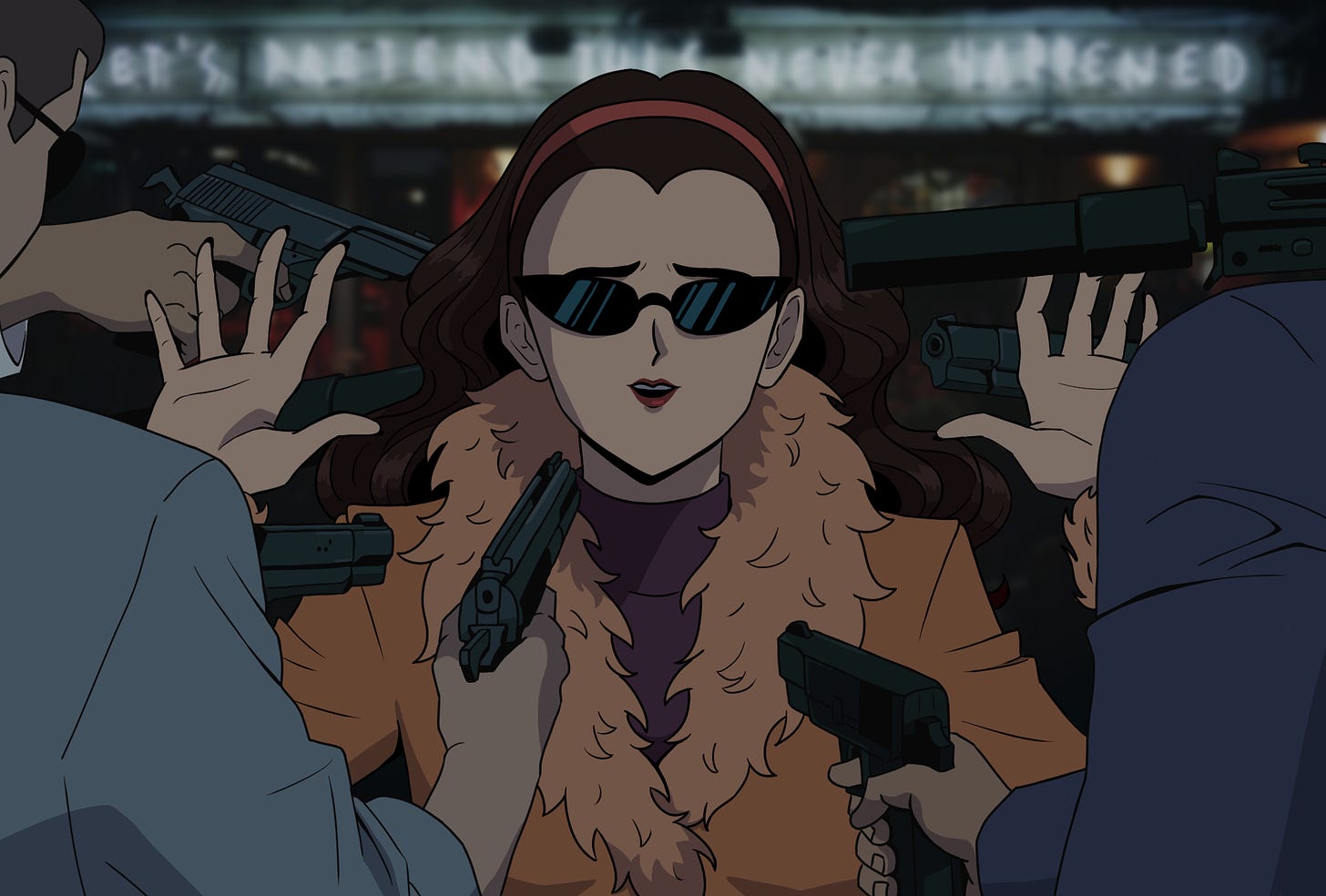 Fran Fine drawn anime-style with a bunch of guns pointed at her in some sort of spy fiction.