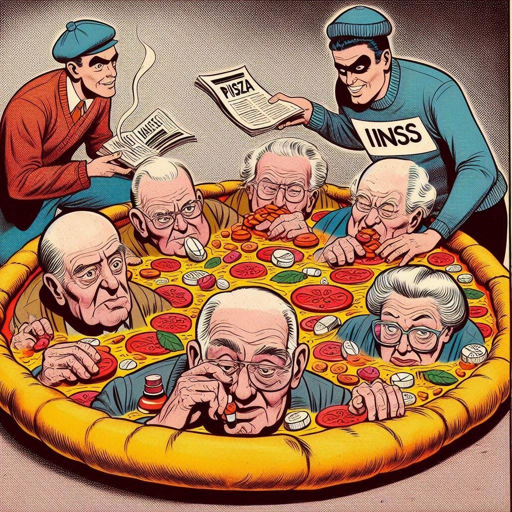 Vintage comic book image in which retirees over 90 years old with medicines in their hands are immersed in a large pizza, with only their heads sticking out, with indifferent looks. The scene is melancholic and there is a thief passing behind the scene with a t-shirt on which it says INSS