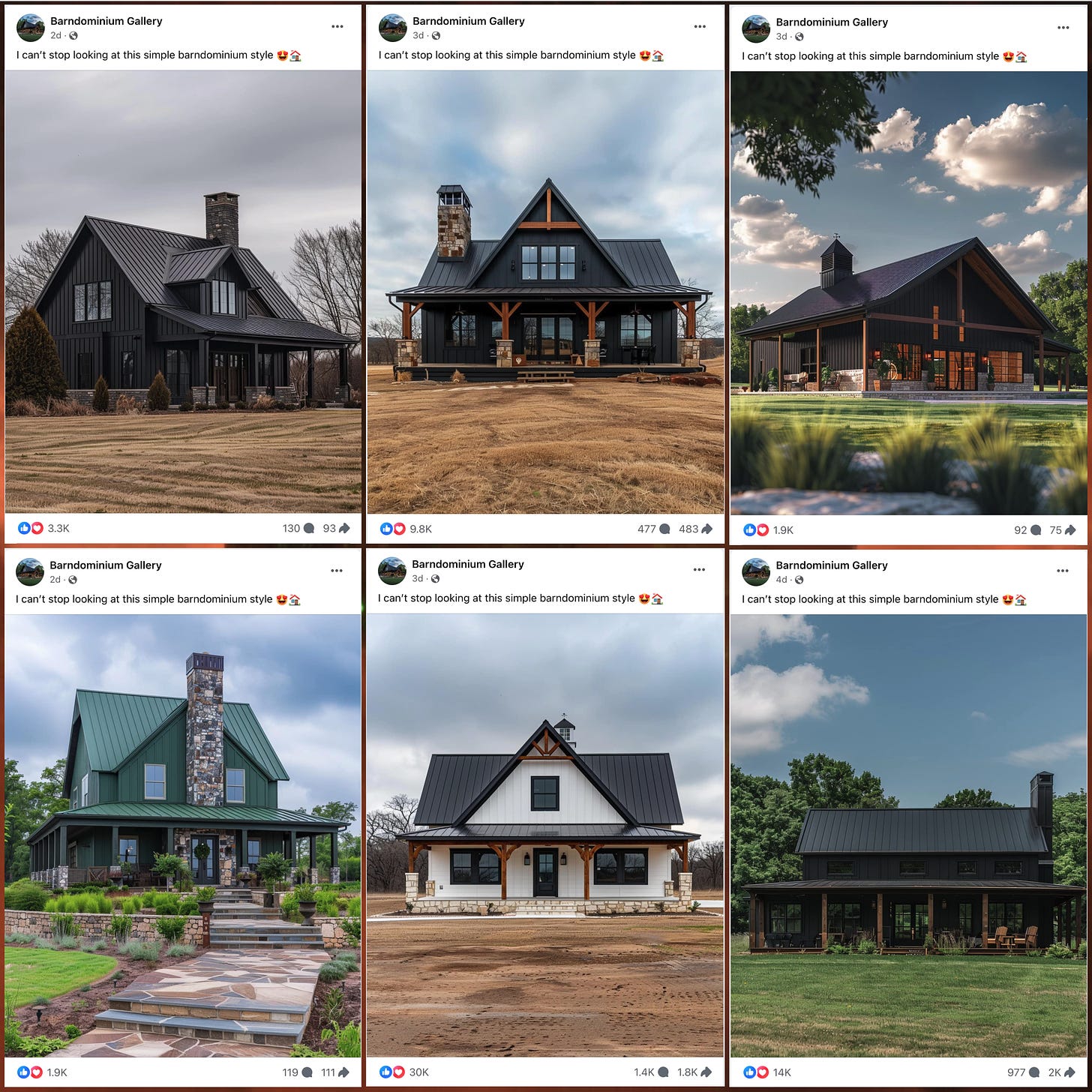 screenshots of six Facebook posts with the text "I can't stop looking at this simple barnominium style" and an AI-generated image of a house