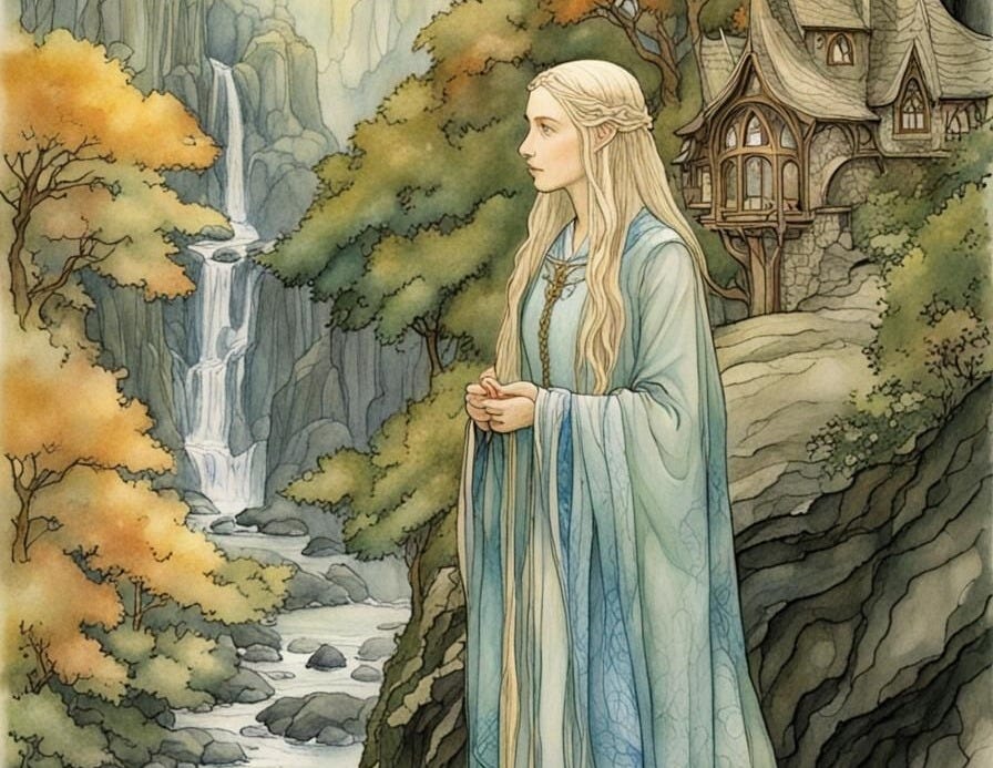 🏯🧝‍♀️🏞:1.5) Galadriel looks out over Rivendell... - AI Art