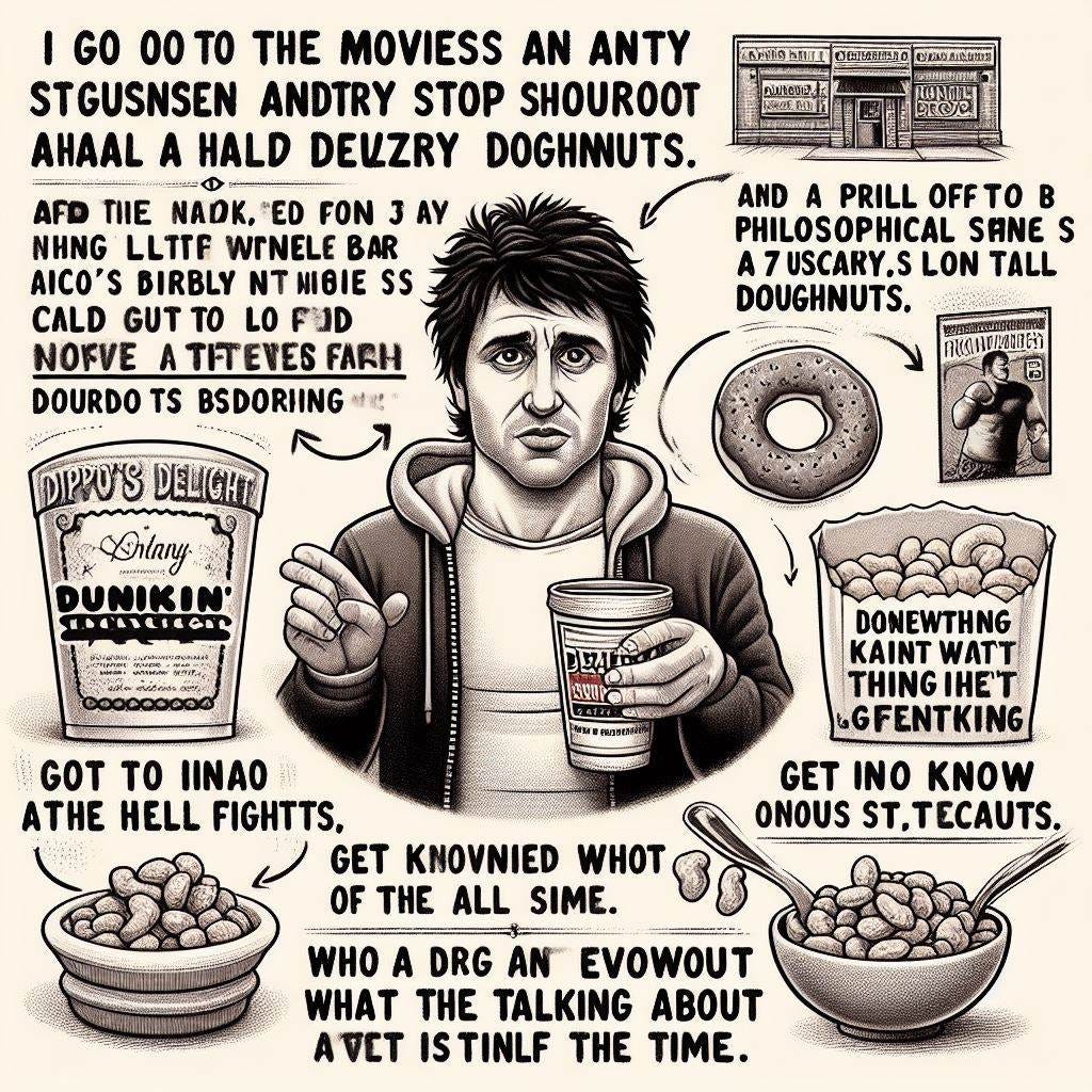 I go to the movies on an empty stomach and on the way back, stop off at Dunkin Donuts, inhale a half dozen doughnuts, then pull into a dingy little bar called Dipso’s Delight, order a 7 & 7, munch on stale peanuts, watch the Friday night fights, get into a philosophical discussion with a guy named Ned who admits to not knowing what the hell he’s talking about half the time.