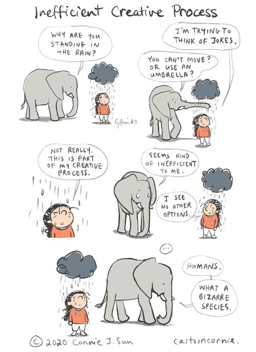 rainy day, cartoon, creative process, humor, elephant comic, illustration, connie sun, cartoonconnie