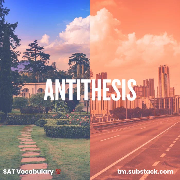 A contrasting split-screen image of a serene garden and bustling cityscape, illustrating the SAT vocabulary word ANTITHESIS.