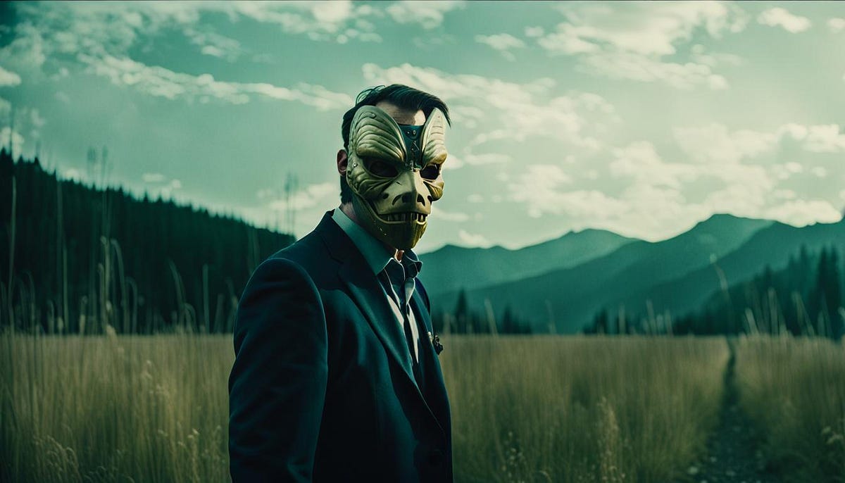 Man wearing mask, background woods and hills