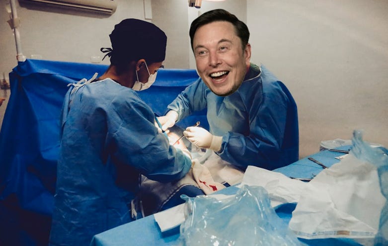 A surgery taking place, but with Elon Musk's stupid face pasted onto one of the actual surgeons heads