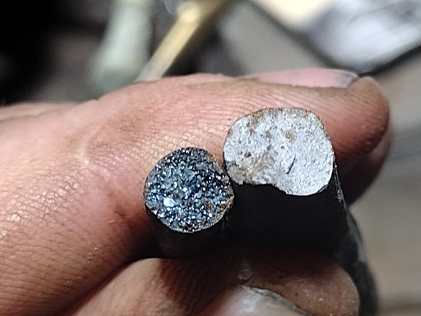 Two different grain structures in the same metal.