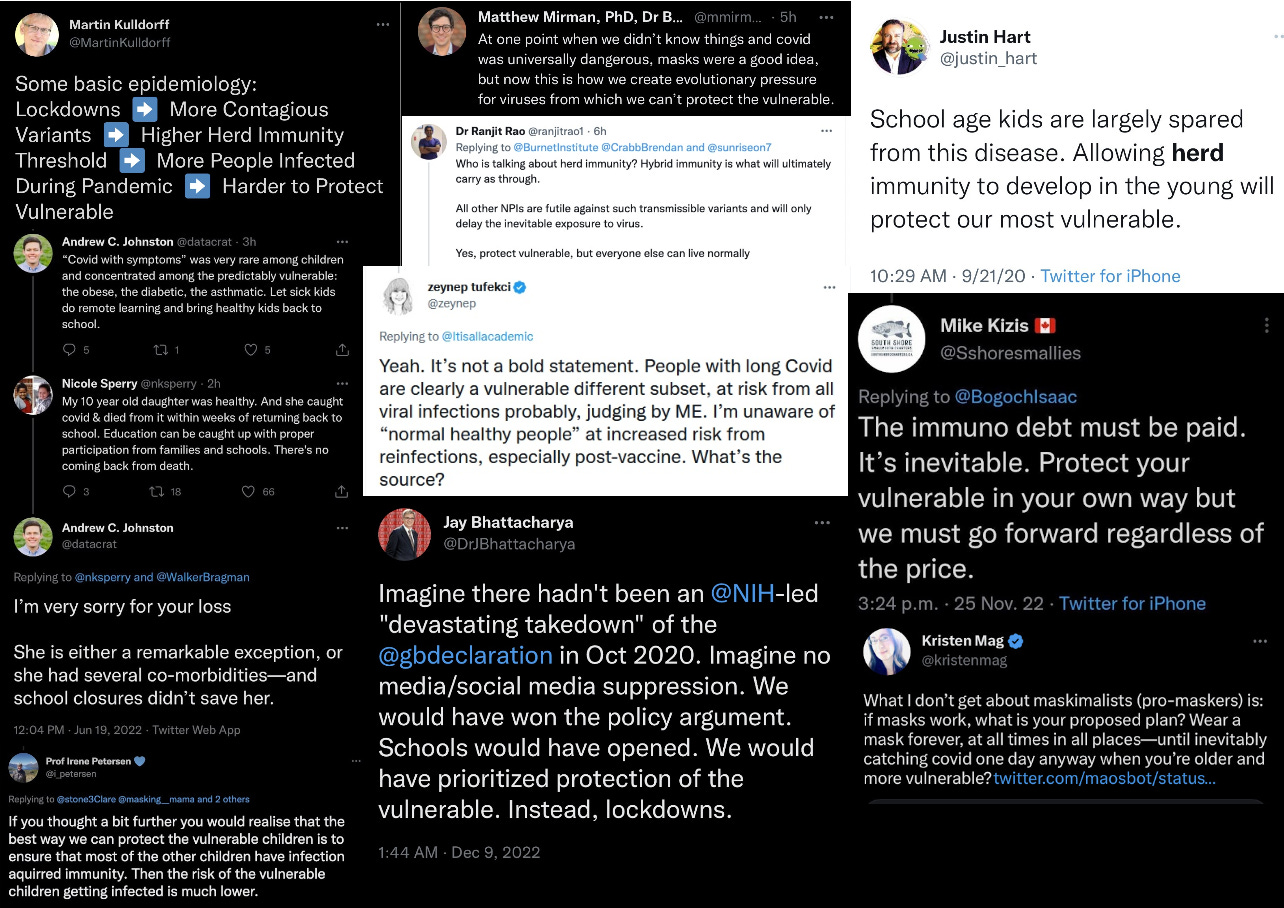 A collection of tweets all featuring the same word: "vulnerable" and how best to protect them by infecting others with COVID-19
