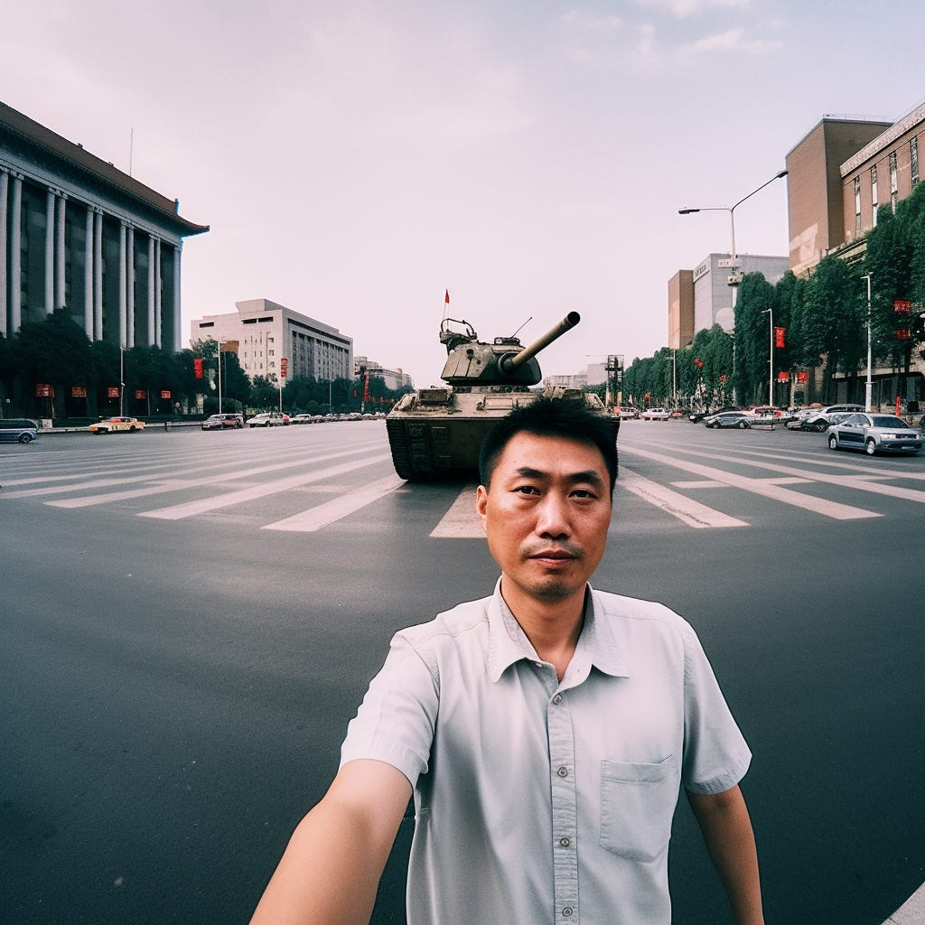AI-generated selfie of "tank man" at Tiananmen Square.