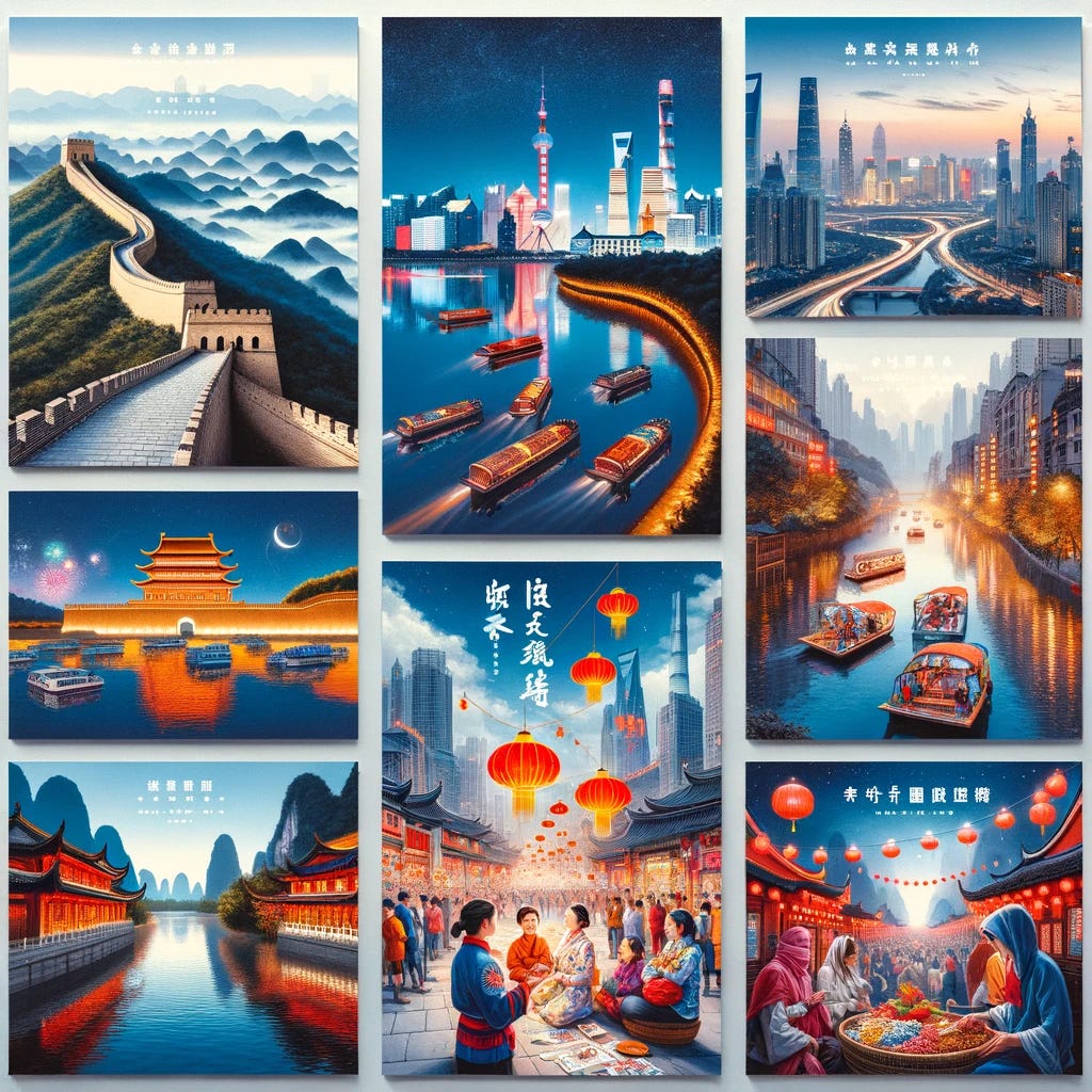 A collection of postcards representing various themes and locations across China. The first postcard features the Great Wall of China under a clear blue sky, symbolizing historical heritage. The second showcases the modern skyline of Shanghai at night, lit up with neon lights and towering skyscrapers, representing urban development. The third postcard captures the tranquil beauty of the Li River in Guilin, with karst mountains and a traditional fishing boat, illustrating natural scenery. The fourth postcard depicts a vibrant scene from the Spring Festival, with red lanterns, fireworks, and families celebrating, representing cultural festivities. Each postcard is designed with a 'Wish You Were Here' message on the front, combining traditional and modern elements of Chinese culture.
