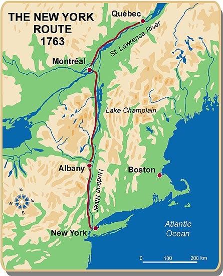 Map of the route to New York from Montreal and Québec..