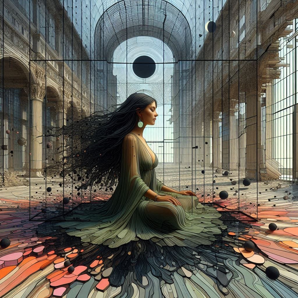 inside glass structure; 5d angle glass embedded Altgeld hall building/ Broken into fragments/ pieces/ woman, serene/ meditate; in front of  Altgeld hall in olive, chartrues, dress /collar made of black water in resin/long black hair falling into her face. coral orange, pink, cream, olive address/earrings made of moons aglow/ reverberating waves. black hole in floor/ water in resin verdigris/ In the style of Michael Parkes. black etching/ black linework/ black sky 