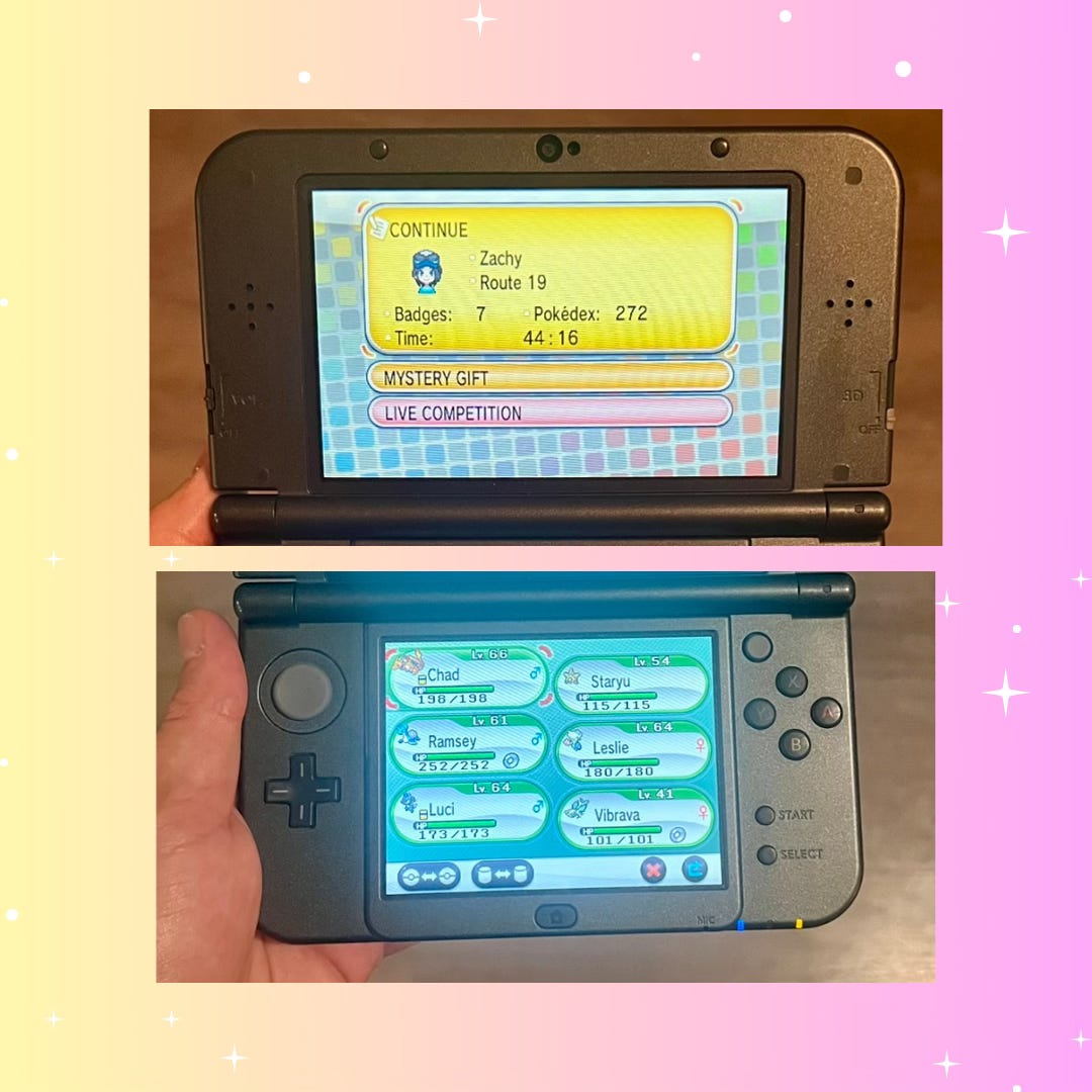 pink and yellow ombre background with white sparkle graphics. There are two images of a Nintendo DS showing the game summary and Pokémon lineup. Game summary shows player name is Zachy, currently on Route 19 in the game, time played is 44:16 hours, badges collected is 7, Pokémon registered in the Pokédex is 272. Current lineup is described in text of EGGZACHLY below this image. 