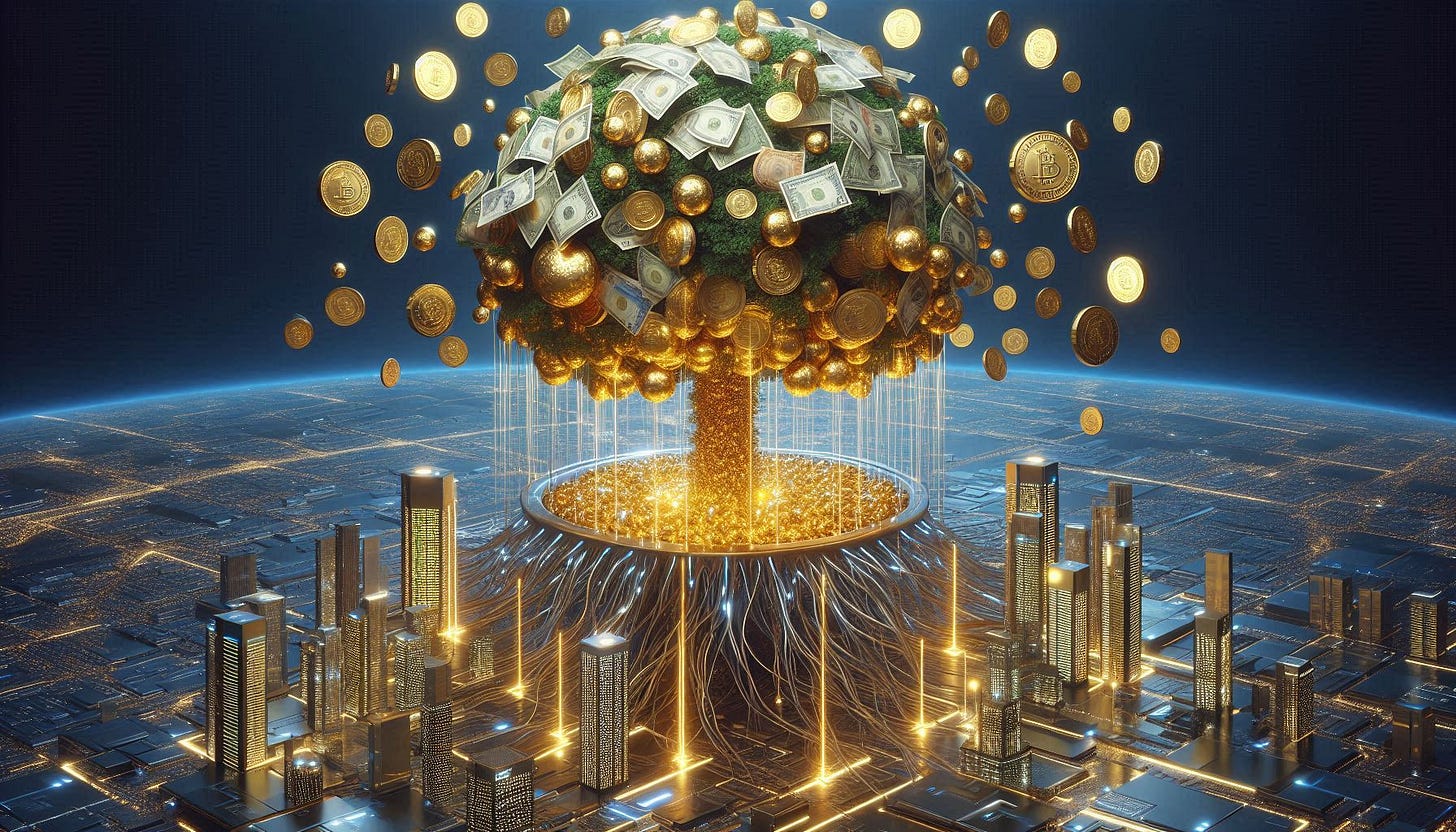 Un árbol majestuoso de monedas de oro crece en el centro de una futurista plaza financiera flotante. Sus hojas son billetes internacionales y sus frutos son pequeñas esferas brillantes que representan inversiones acumuladas. De sus raíces metálicas, se extienden circuitos luminosos que conectan con edificios de cristal ultramodernos, cada uno representando una gran empresa global. Pequeñas gotas de luz dorada caen de las hojas y se acumulan en un río de interés compuesto que 