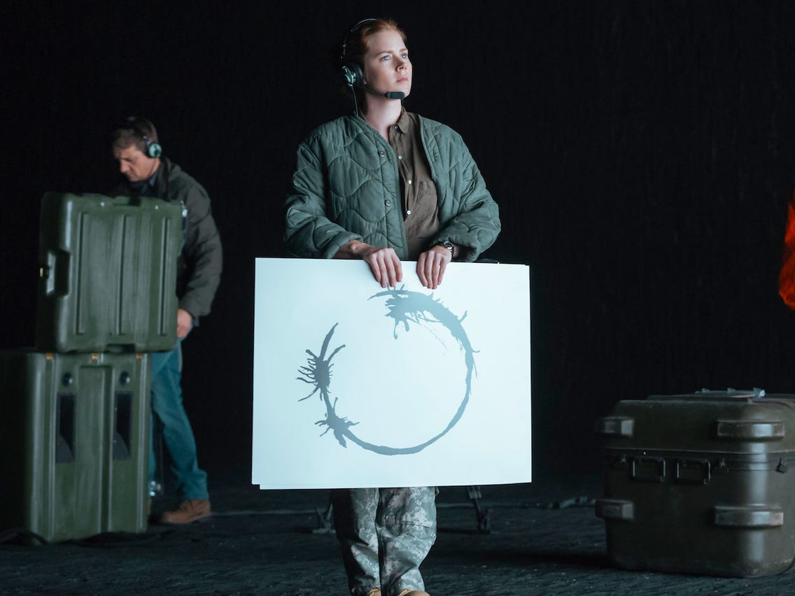 Fermo immagine dal film "Arrival" con una donna in primo piano con delle cuffie alle orecchie, mentre in piedi sorregge un pannello su cui c'è un simbolo sconosciuto disegnato in nero (appartiene al linguaggio egli eptapodi con cui sta cercando di comunicare). Sfondo nero con un uomo non a fuoco mentre maneggia delle casse-valigia color verdone.