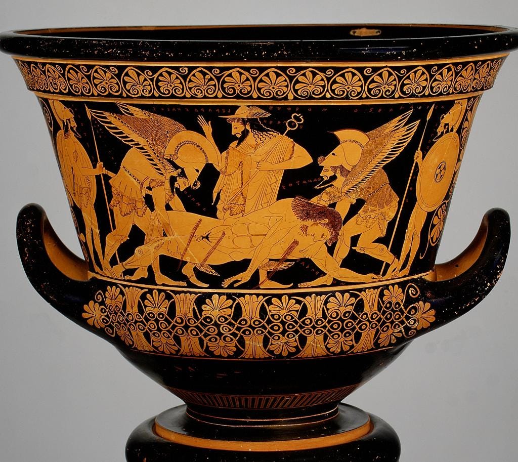 Sarpedon’s body carried by Hypnos and Thanatos (Sleep and Death), while Hermes watches. Side A of the so-called “Euphronios krater”, Attic red-figured calyx-krater signed by Euxitheos (potter) and Euphronios (painter), ca. 515 BC. 