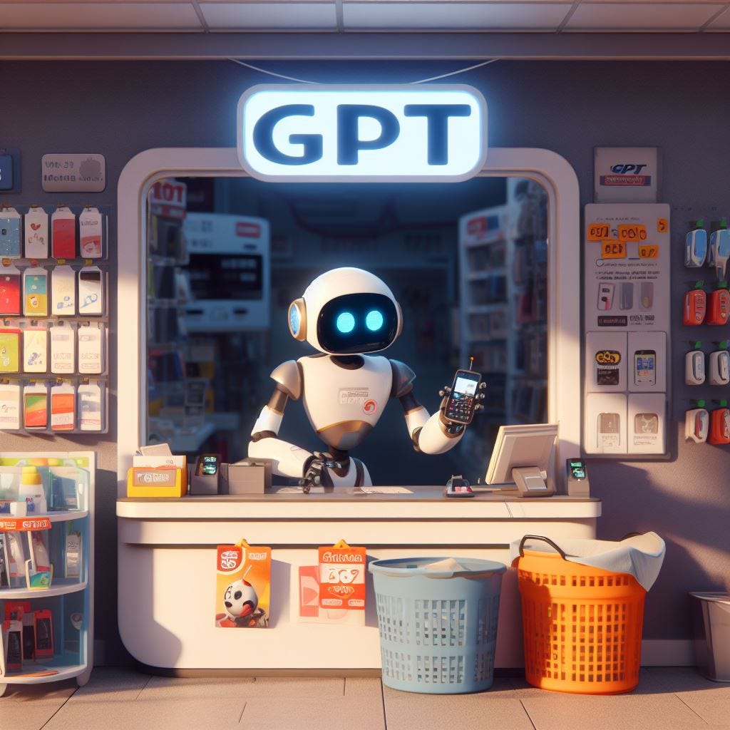 Estilo pixar. Um robô no balcão de uma loja de celulares, na frente de uma placa escrita "GPT Store"