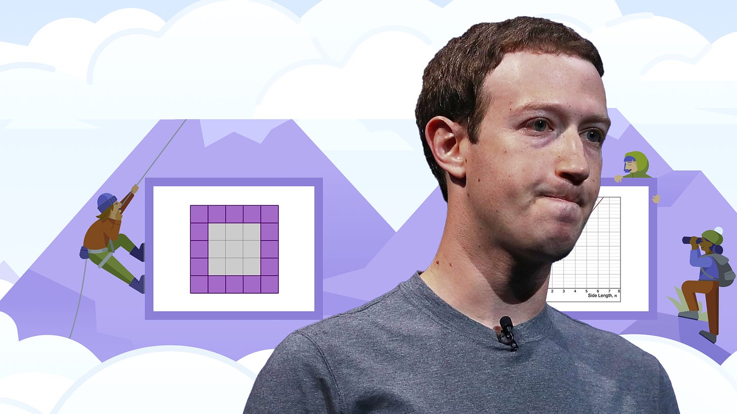 Zuckerberg looking chagrined in front of a mountain covered in mathematical objects.