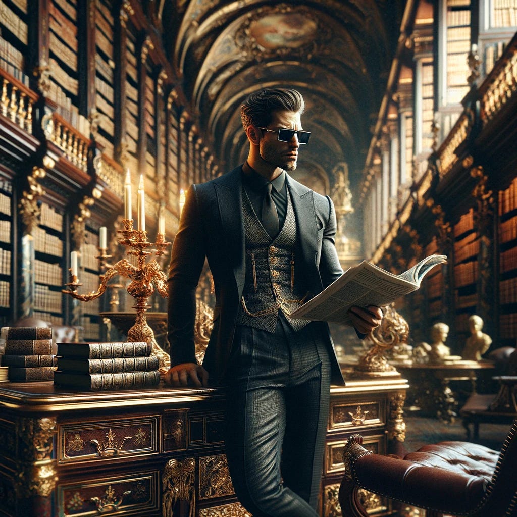An alpha male, characterized by his confident posture and sharp attire, stands in the midst of an opulent Gilded Age library. He is casually leaning against a polished mahogany desk, adorned with golden accents, while intently reading a newspaper. His face is partially obscured by a pair of sleek, modern sunglasses. The library is a spectacle of luxury, with towering bookshelves filled with volumes of ancient texts, the walls are covered in rich tapestries and illuminated by the glow of brass lamps. The atmosphere is one of silent grandeur, a testament to the extravagance of the era.