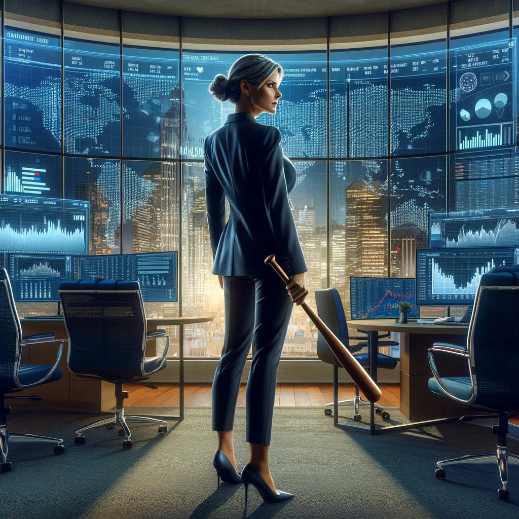 An executive scene showcasing a female CEO of a leading investment bank, deeply engrossed in analyzing global financial markets. She is positioned in her elegantly designed office, which features state-of-the-art technology and large digital screens displaying live market data and economic indicators from around the world. Dressed in a stylish business attire, she stands confidently, holding a high-quality baseball bat over her shoulder, symbolizing her dynamic approach to leadership and strategic decision-making. The backdrop includes a wide, impressive window view of a bustling cityscape, highlighting the global reach of her business decisions.