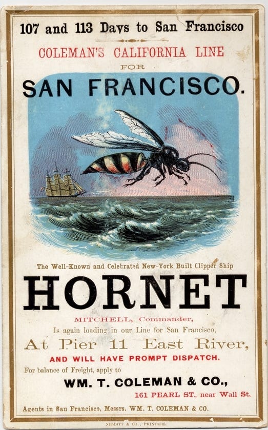 Vintage ad featuring a tall ship and the illustration of a hornet