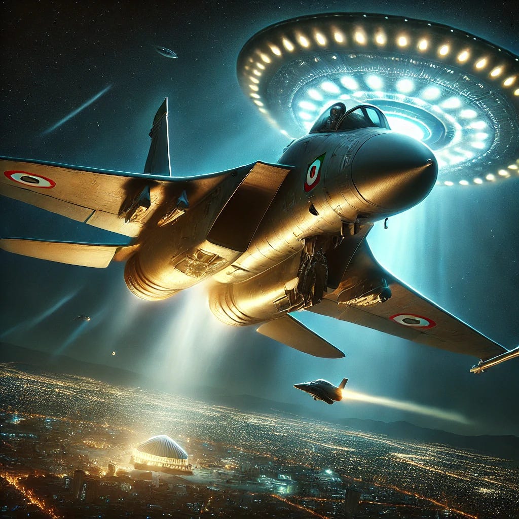 A dramatic depiction of the 1976 Tehran UFO Incident. A Iranian Air Force fighter jet is shown in a high-speed pursuit of a glowing, unidentified craft in the night sky over Tehran. The UFO is bright, metallic, and emits an intense, pulsing light, making the surrounding sky appear eerie and electric. The pilot, visible inside the jet’s cockpit, looks tense as he struggles with failing instruments—his radar is dead, weapons are offline, and communications are jammed. Below, the city of Tehran is illuminated by streetlights, while another glowing orb separates from the main craft, streaking toward the fighter jet. The atmosphere is filled with tension, the unknown, and a sense of technological superiority beyond human capability.