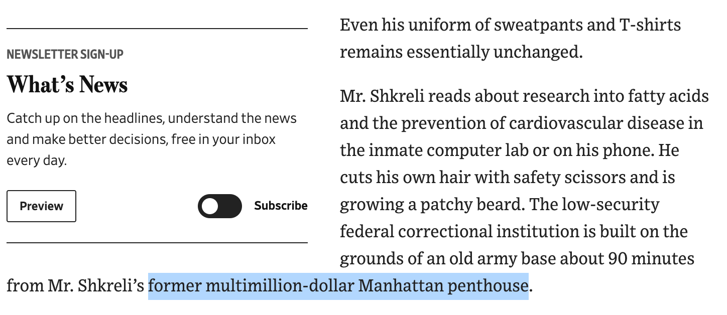 An excerpt from the WSJ story referring to Martin’s former “multimillion-dollar Manhattan penthouse.” To my knowledge, Martin never lived in a penthouse.