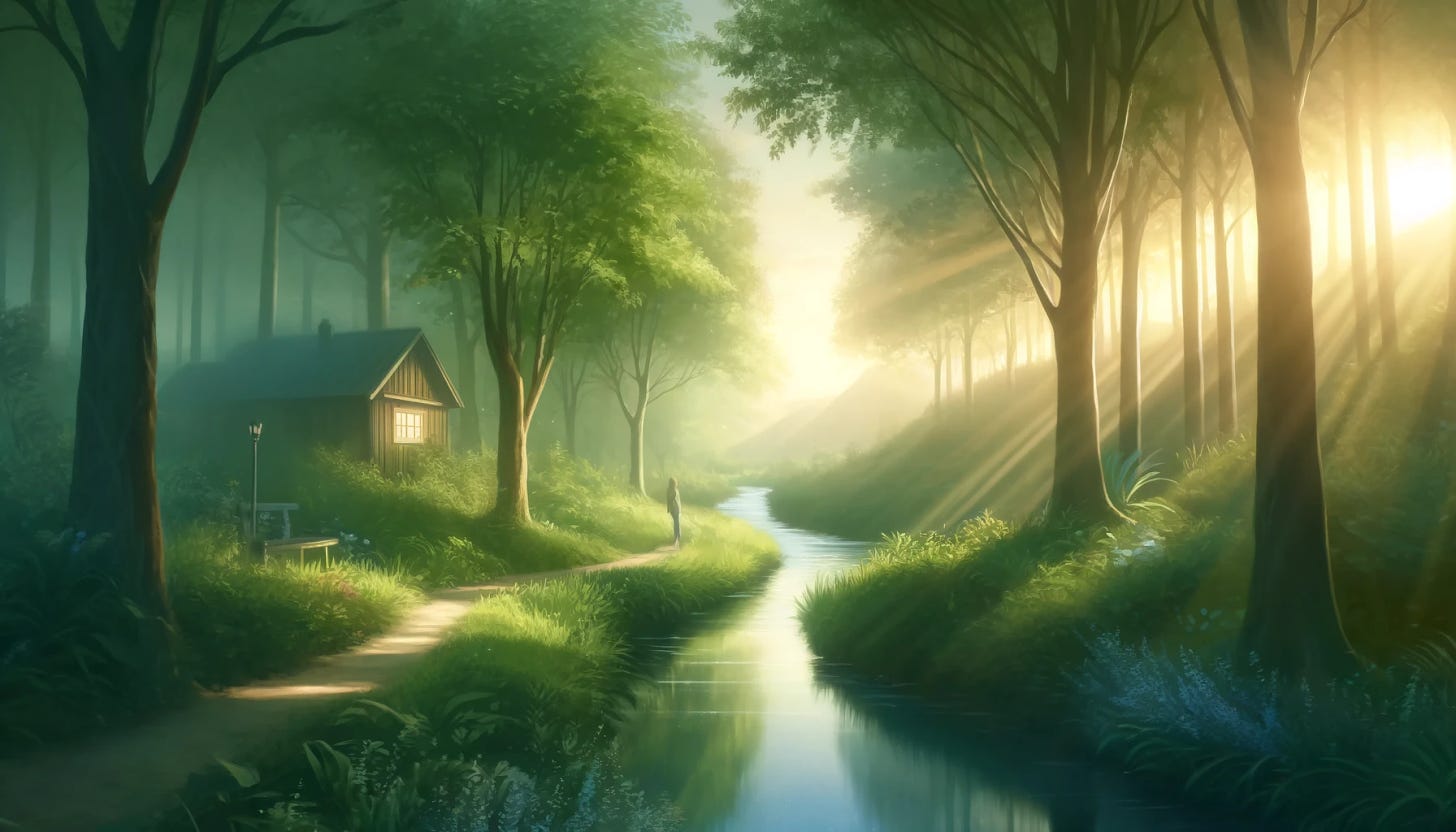 A serene landscape depicting a tranquil path through a lush green forest with dappled sunlight filtering through the trees. A gentle stream runs alongside the path, reflecting the greenery and light. In the distance, there's a cozy cabin symbolizing a place of fulfillment and peace. The overall atmosphere is calm and inviting, encouraging reflection and self-compassion.