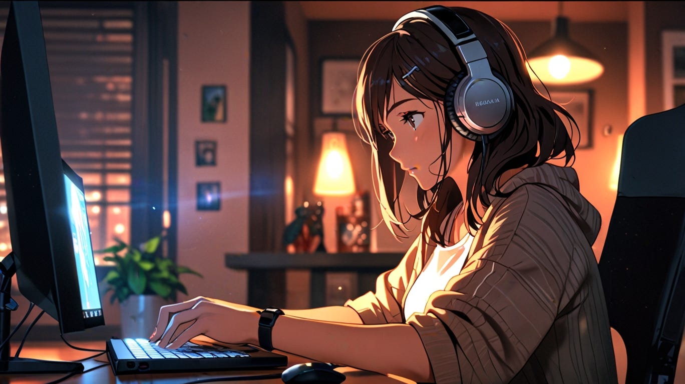 Escritora concentrada con música, método Pomodoro y estilo anime shojo vibrante